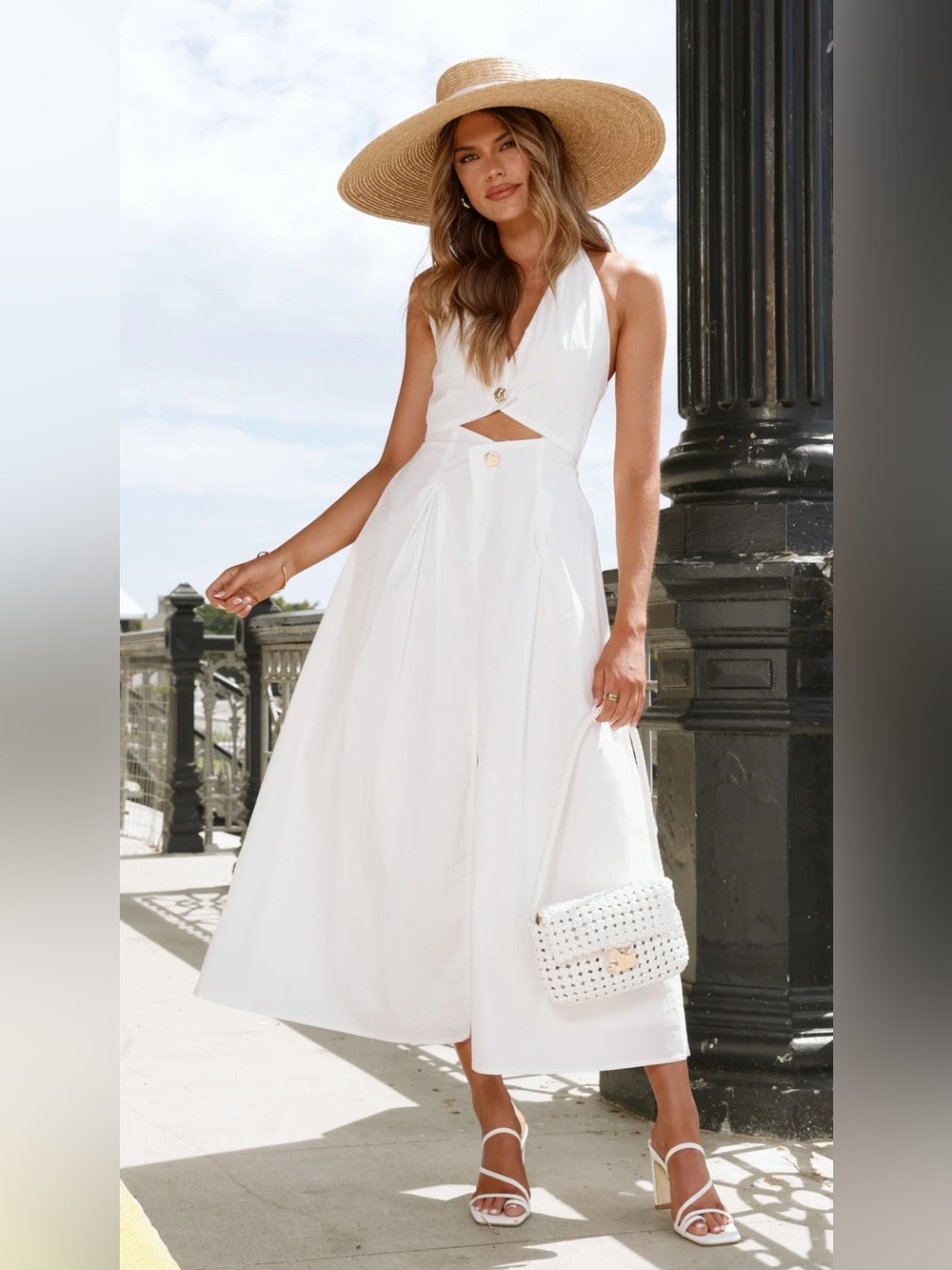 NWT Billy J Wesley Halter Neck Maxi Dress White Cotton Size 6 Pockets - Picture 6 of 13